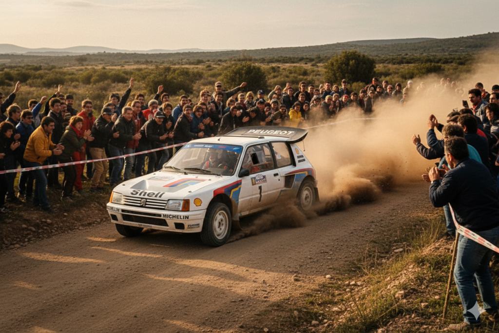 Peugeot 205 T16 Group B rally car jumping during a race.