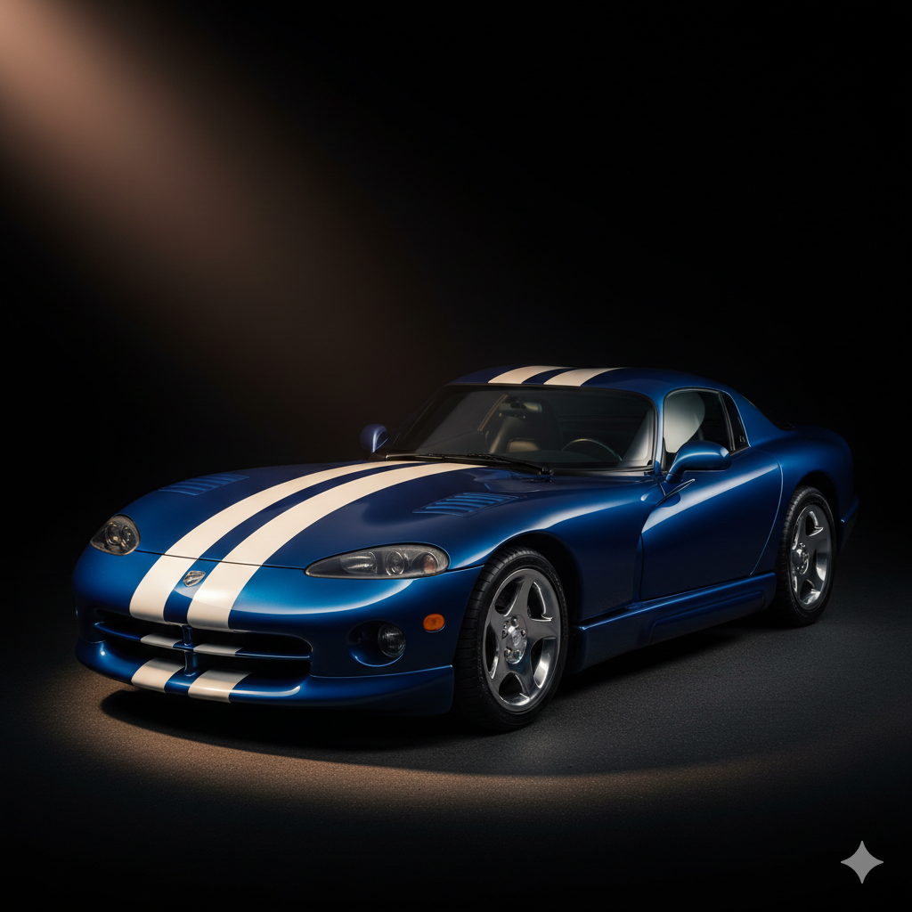 1996 Dodge Viper GTS in iconic Viper Blue with dual white racing stripes, low angle front view showing the aggressive hood vents and curved roofline.