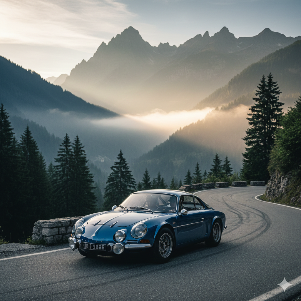 Classic Alpine A110 1600S in metallic Alpine Blue drifting on a gravel rally stage, dust clouds and 1970s competition decals visible.