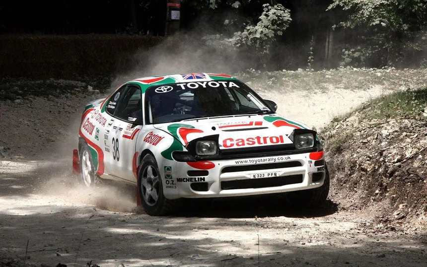 Toyota Celica GT-Four ST185 in action during the WRC, the Japanese rally car that dominated and was disqualified for technical cheating