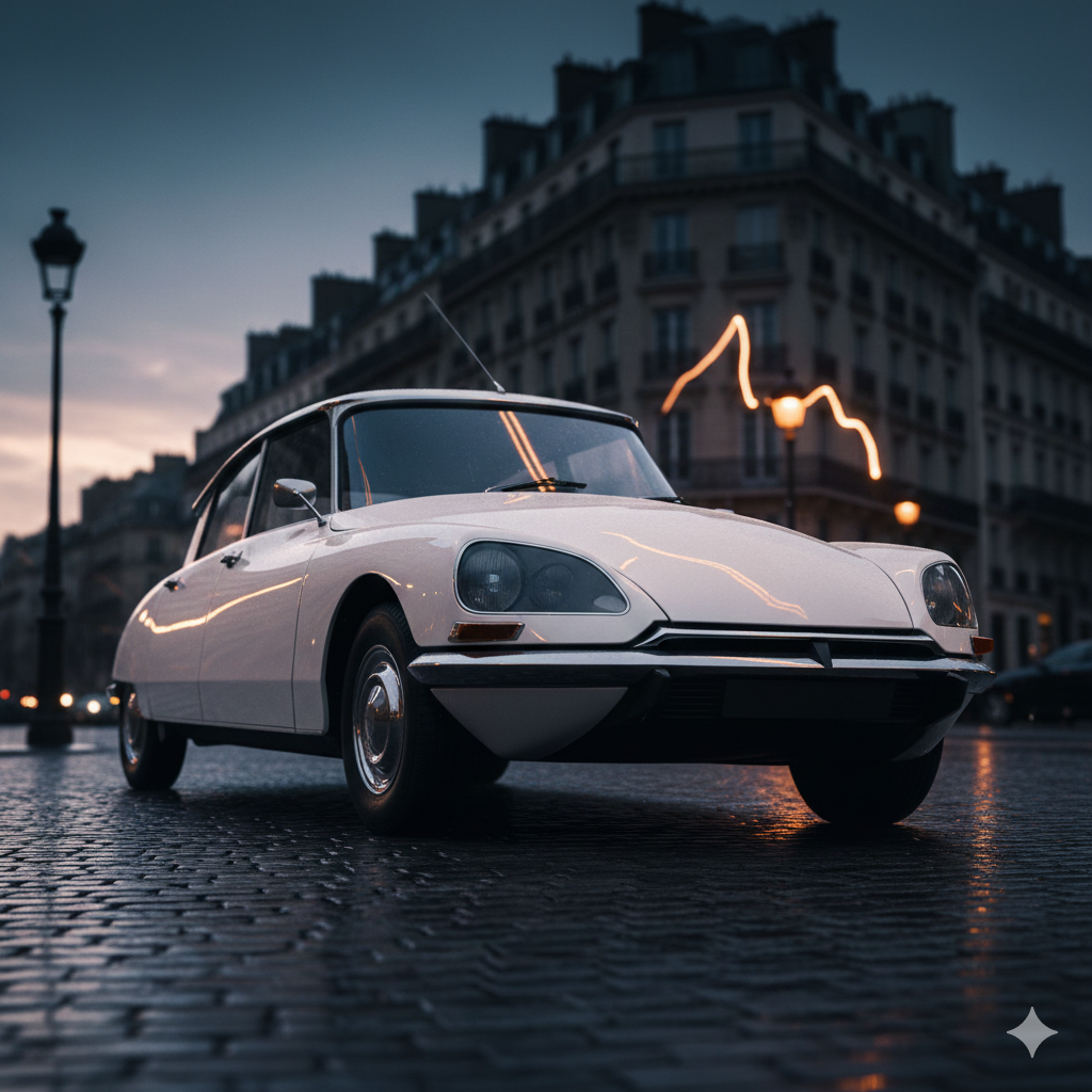  Pearl white Citroën DS "Shark" on wet Parisian cobblestones at dusk, showcasing its iconic aerodynamic silhouette and elevated hydropneumatic suspension.