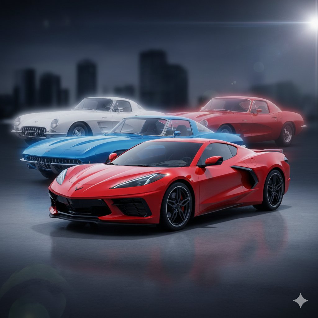 Evolution of Chevrolet Corvette showing all eight generations from 1953 C1 to modern C8