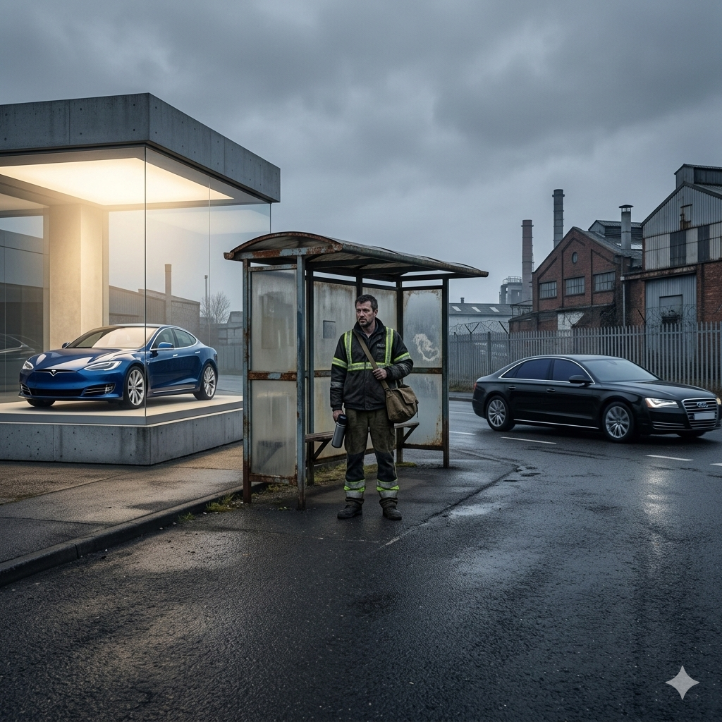 Worker standing at an empty industrial estate with no public transport while an unattainable electric car and a politician in an official vehicle are visible in the background — the citizen always pays for ecology