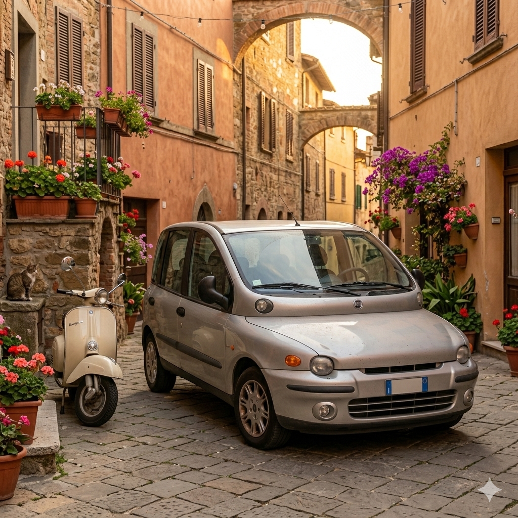 First generation Fiat Multipla in silver parked on a cobblestone street in an Italian old town with terracotta buildings in the background