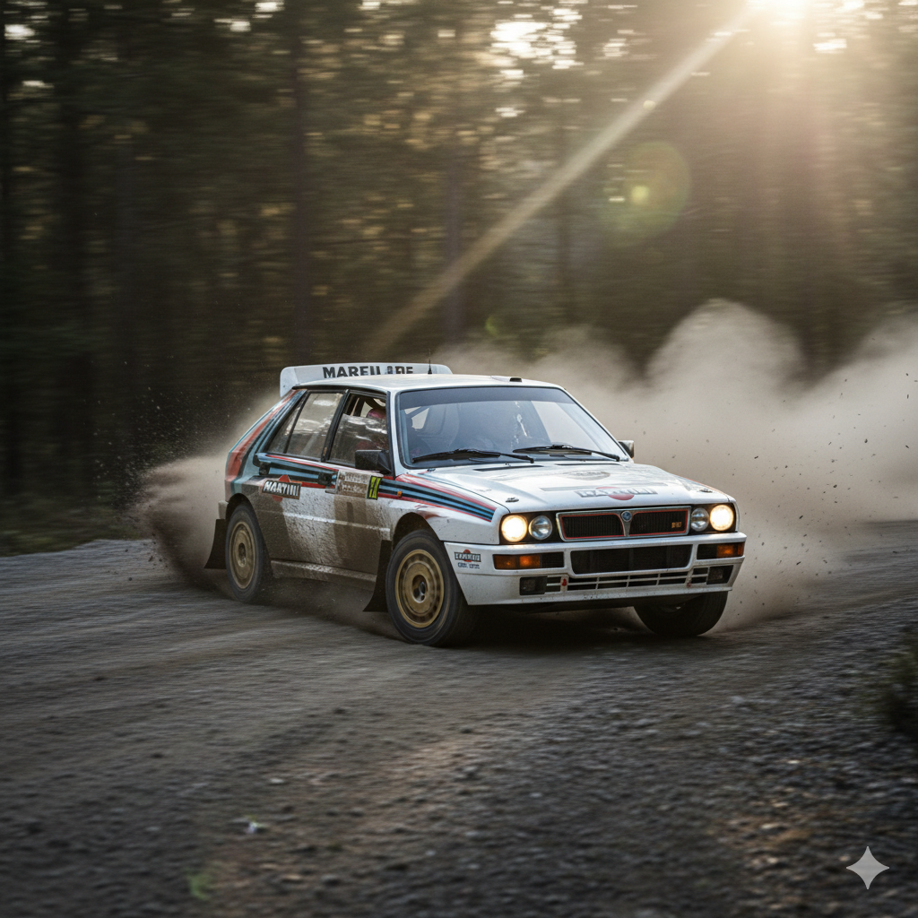 Lancia Delta Integrale Evoluzione in Martini racing livery sliding through gravel rally stage