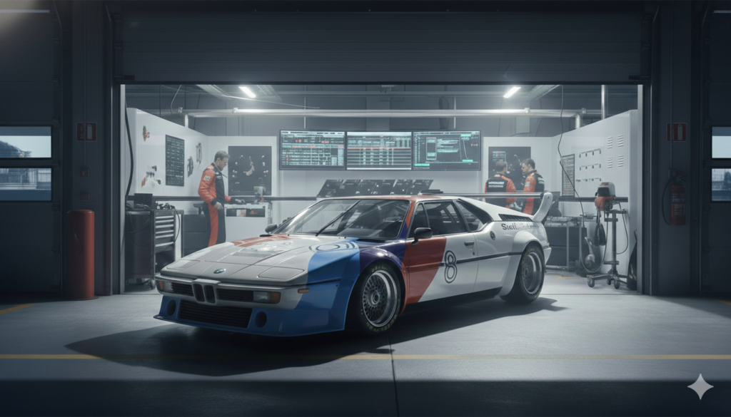 A low-profile orange BMW M1 with pop-up headlights parked next to its wide-body Procar racing version on a vintage track.