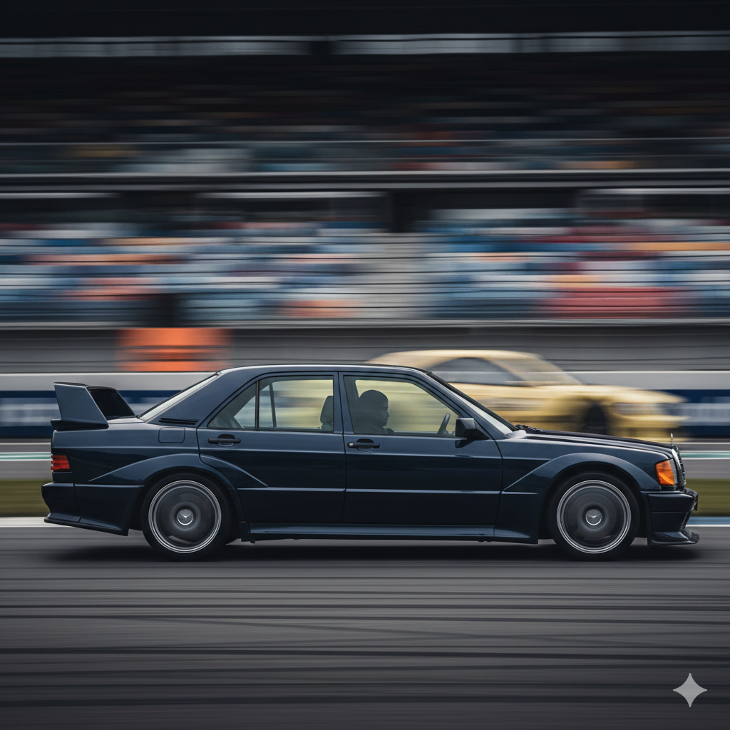 Mercedes-Benz 190E 2.5-16 Evolution II en Blau-Schwarz Metallic mostrando su icónico alerón trasero multinivel