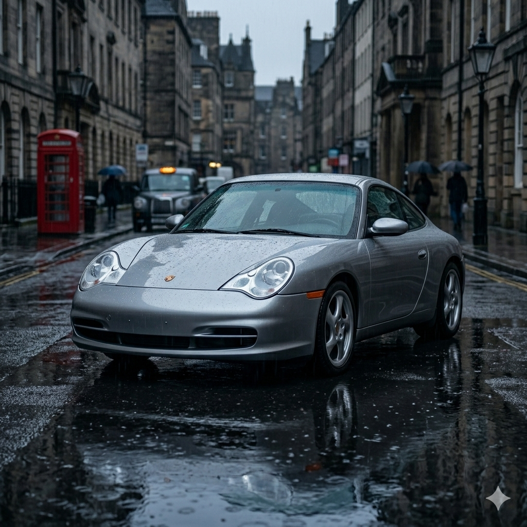 A 1999 Porsche 996 Carrera in Arctic Silver, front three-quarter angle emphasising the controversial "fried egg" headlights.