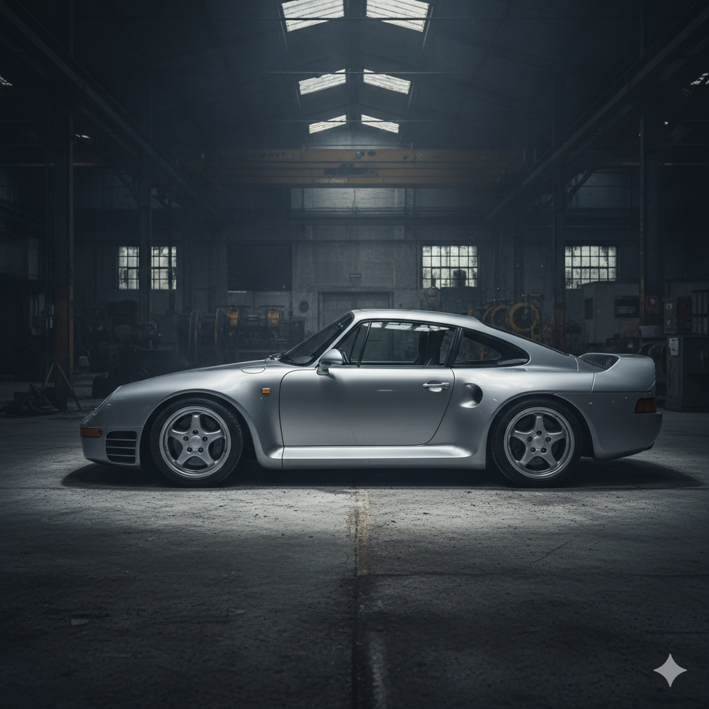 Silver Porsche 959 with classic five-spoke wheels, side profile view highlighting its unique integrated rear wing and aerodynamic body.