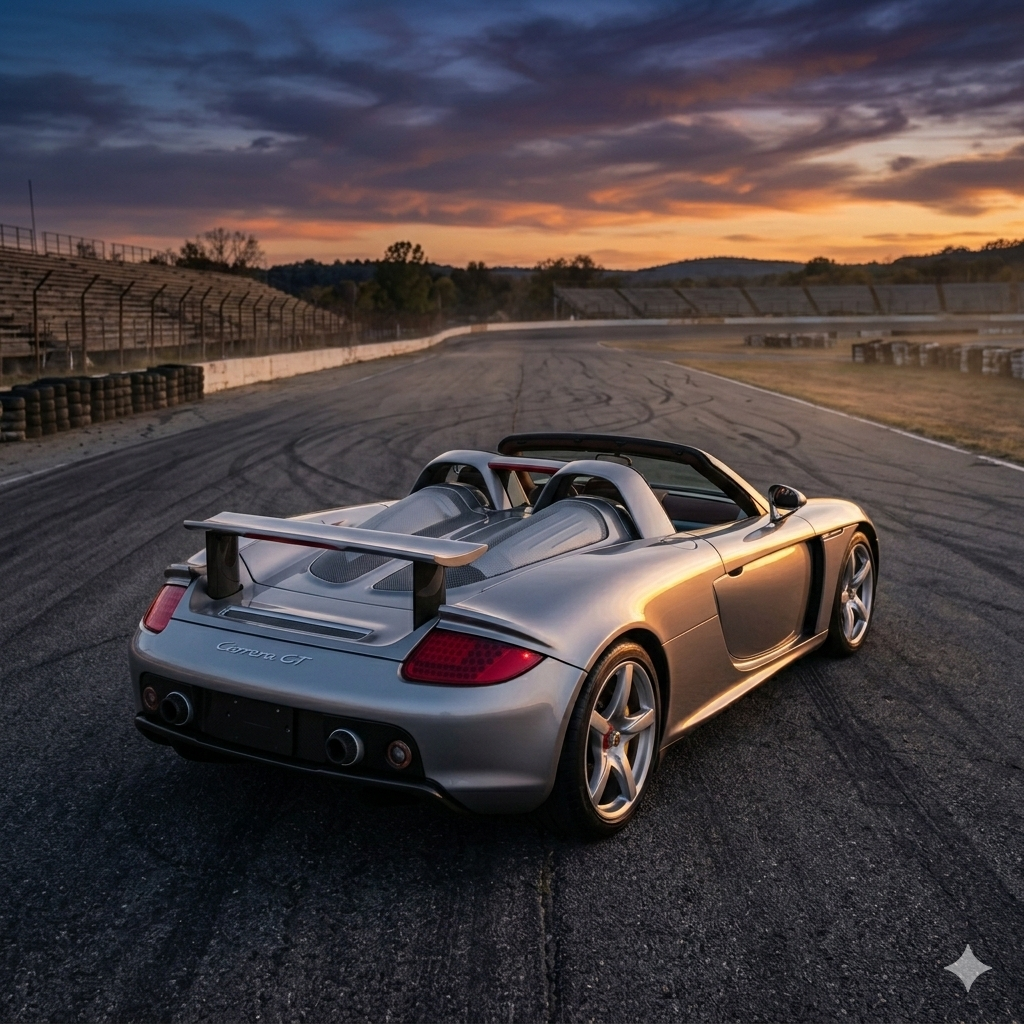 Porsche Carrera GT in GT Silver Metallic with the roof panel removed, parked on a deserted racetrack at dusk