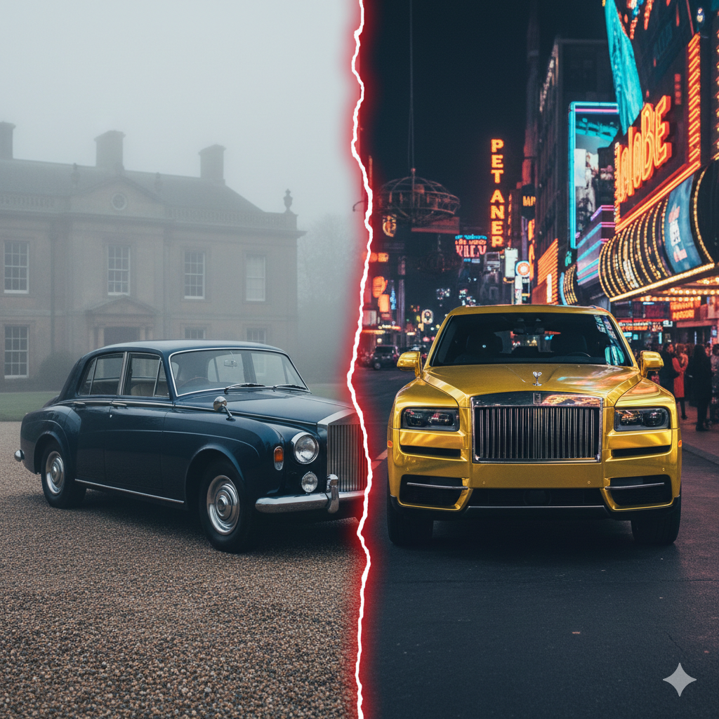 A matte black Rolls-Royce Cullinan with oversized aftermarket wheels parked in a neon-lit urban environment, contrasting with a classic Silver Cloud.