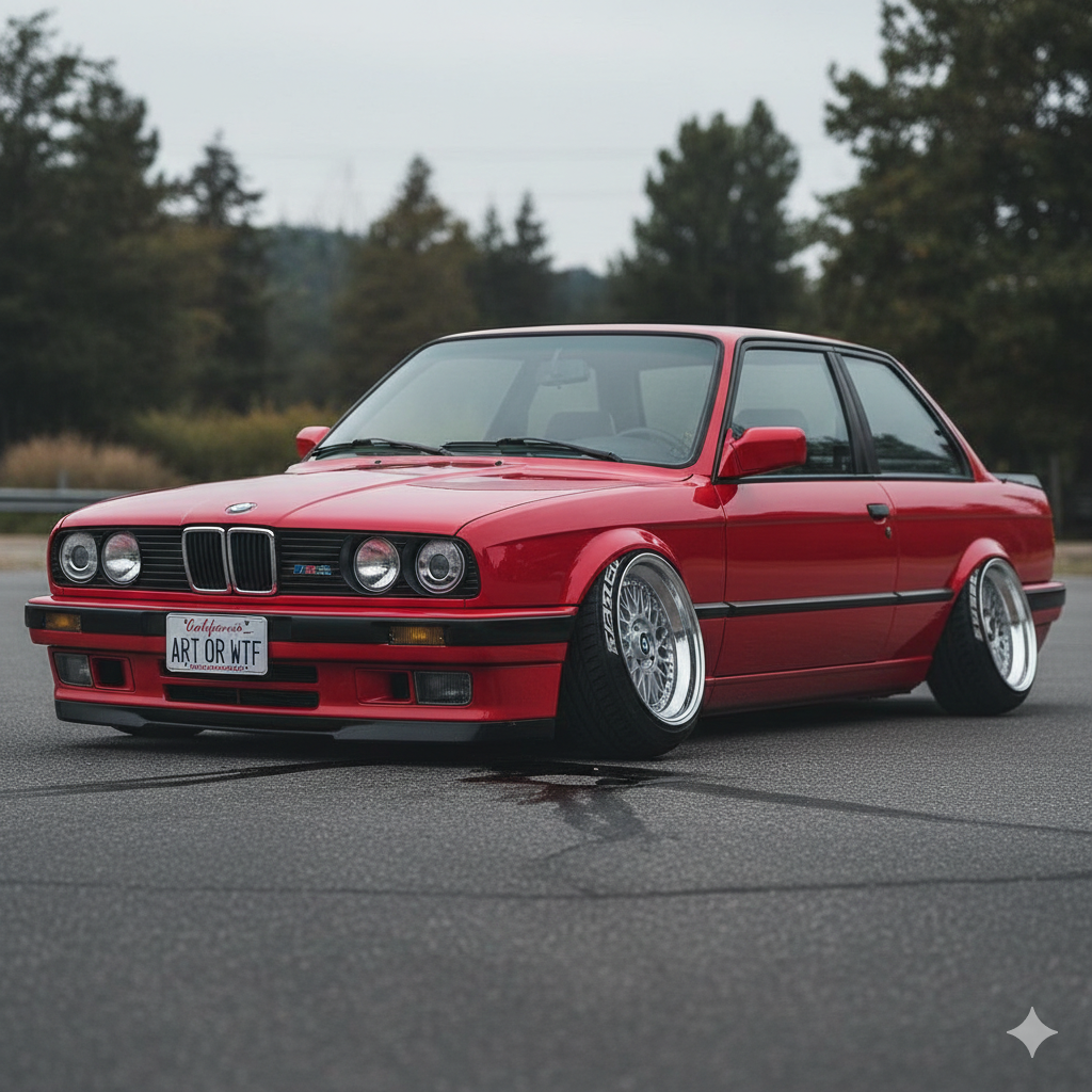 A slammed car with extreme negative camber scraping its undercarriage on a speed bump, highlighting the dysfunction of stance culture.