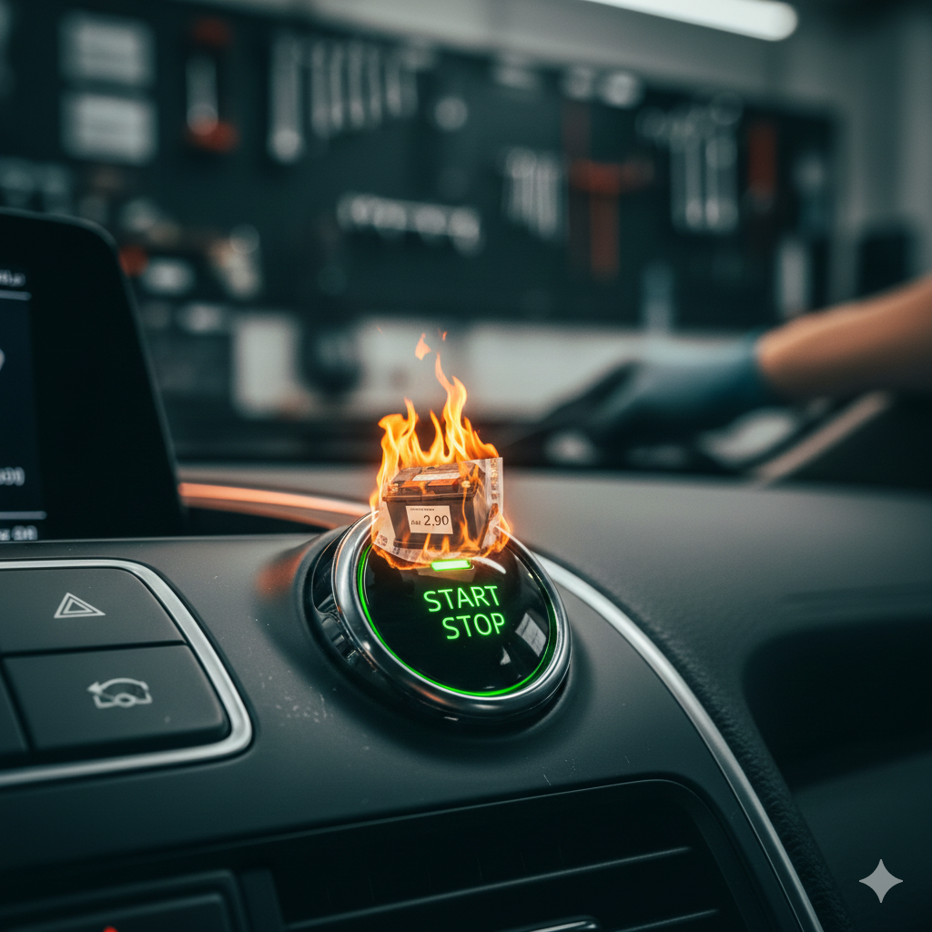 Close-up of a modern car dashboard showing the Auto Start-Stop "A" off symbol, with a focus on the mechanical wear of engine bearings and AGM batteries.