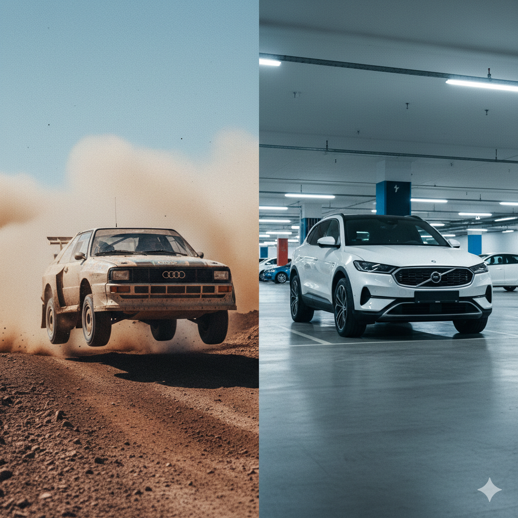 A comparison of an Audi Quattro rally car versus a modern mall-crawler SUV, highlighting the shift from performance to marketing.