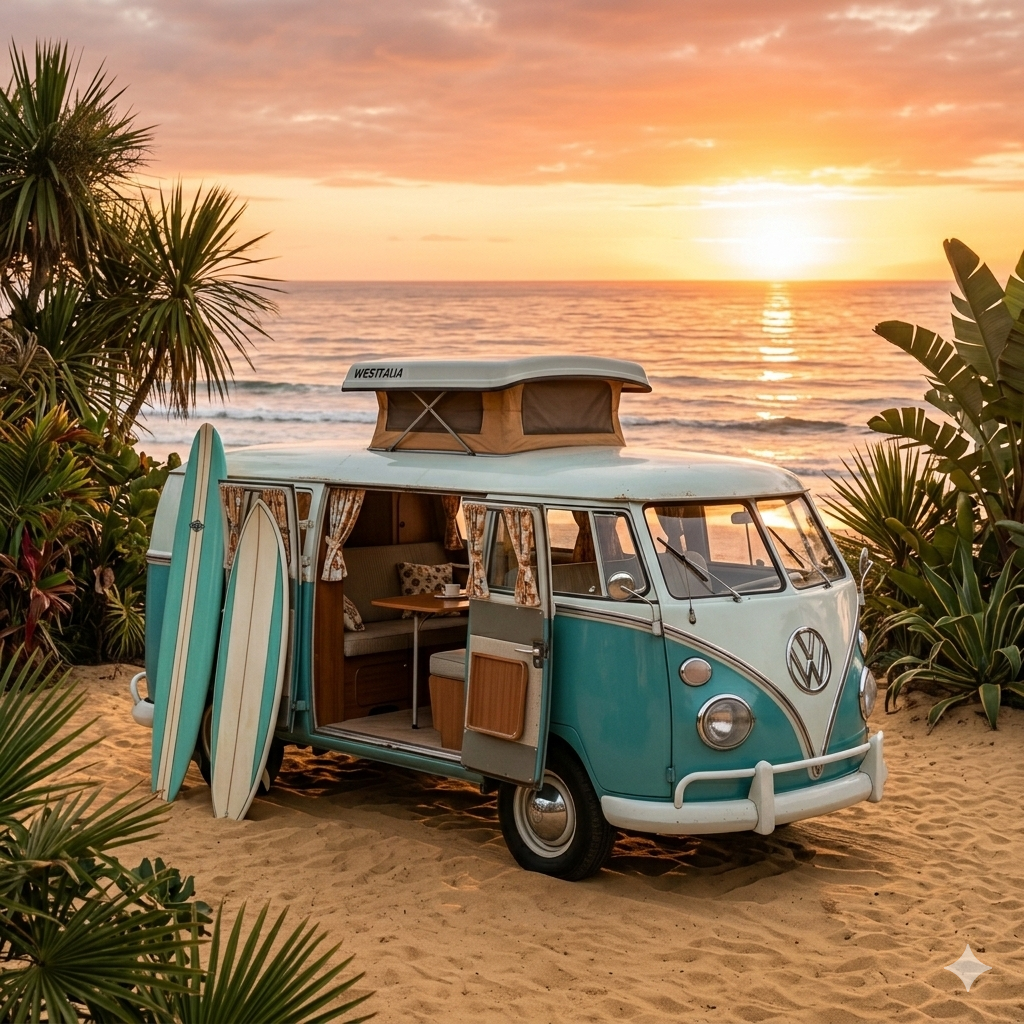 Two-tone turquoise and white Volkswagen T1 Samba parked on a beach at sunset with surfboards and Westfalia pop-up roof open
