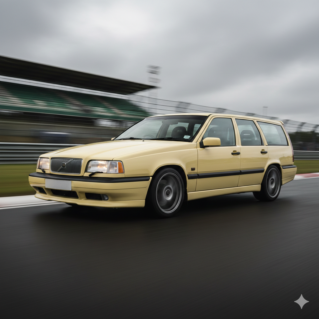 A Cream Yellow 1995 Volvo 850 T5-R Estate with anthracite Titan wheels, the ultimate 90s sleeper car.