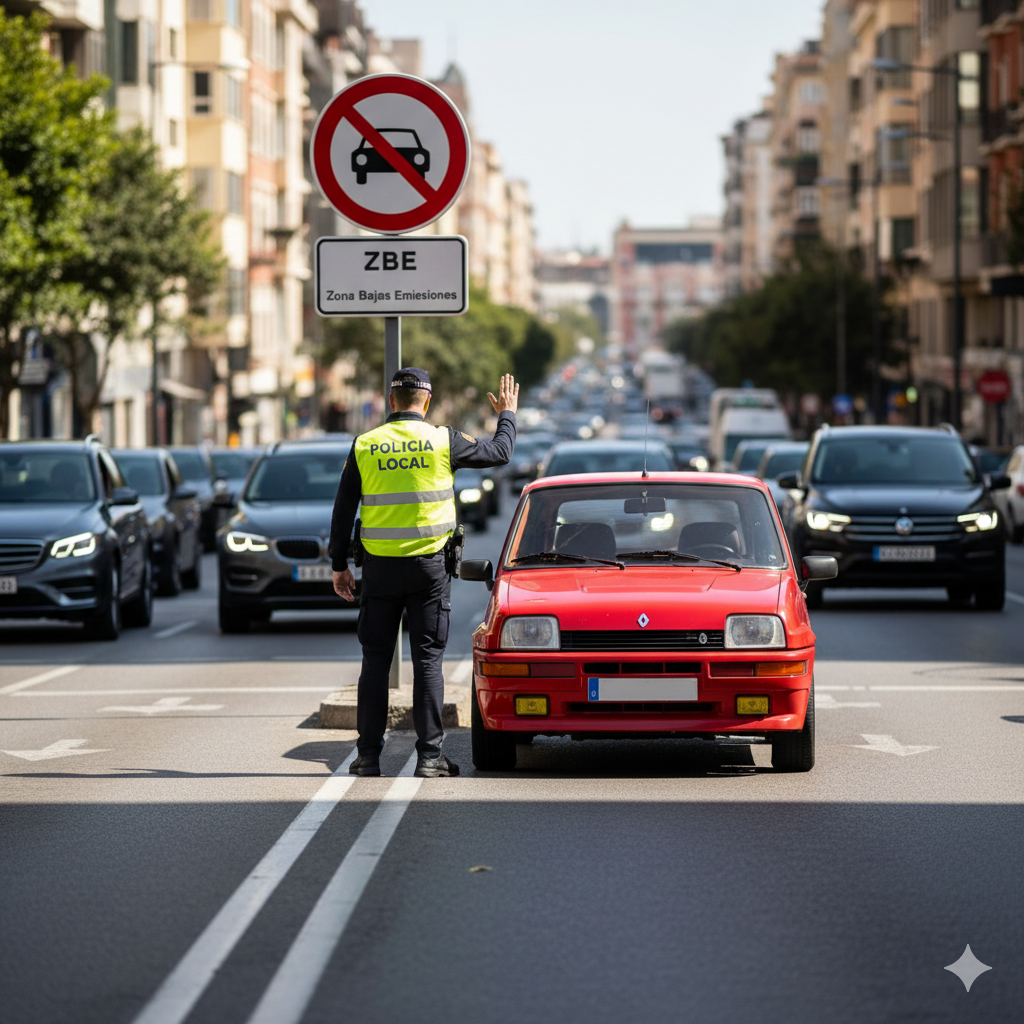 policia parando un clasico en una zona de bajas emisiones
