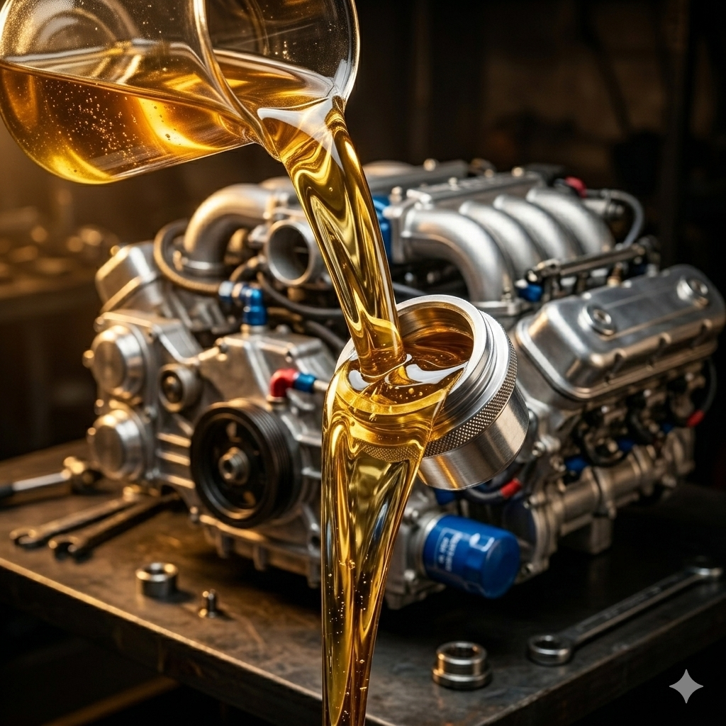 Synthetic motor oil pouring over engine components — technical guide to viscosity and specifications