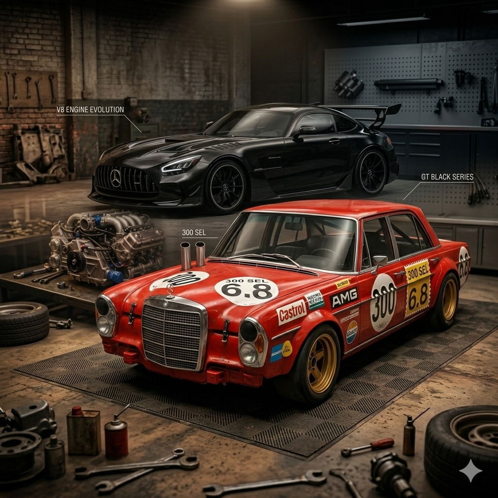 Mercedes-Benz 300 SEL 6.8 Red Pig in bright red alongside a modern AMG GT Black Series in a workshop setting