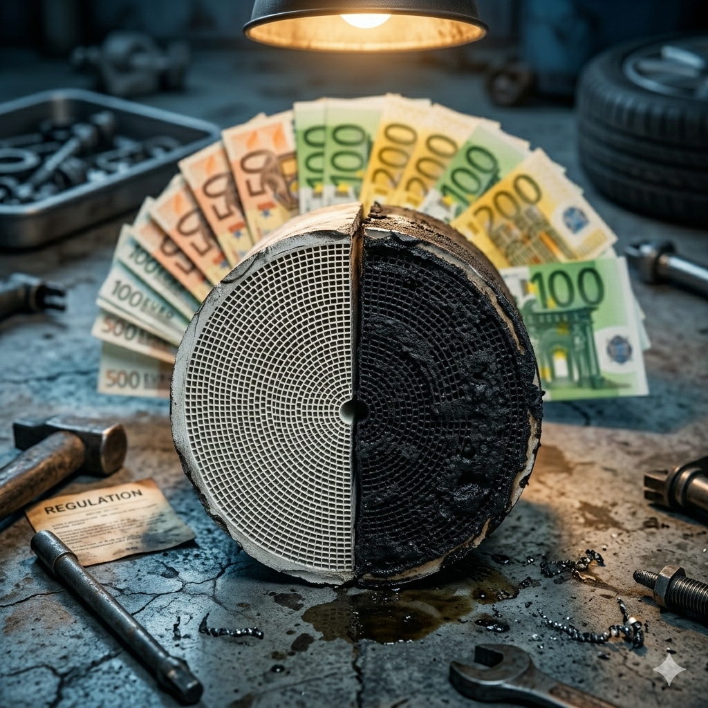 Cross-section of a diesel particulate filter clogged with soot next to euro banknotes — Not Enough Cylinders