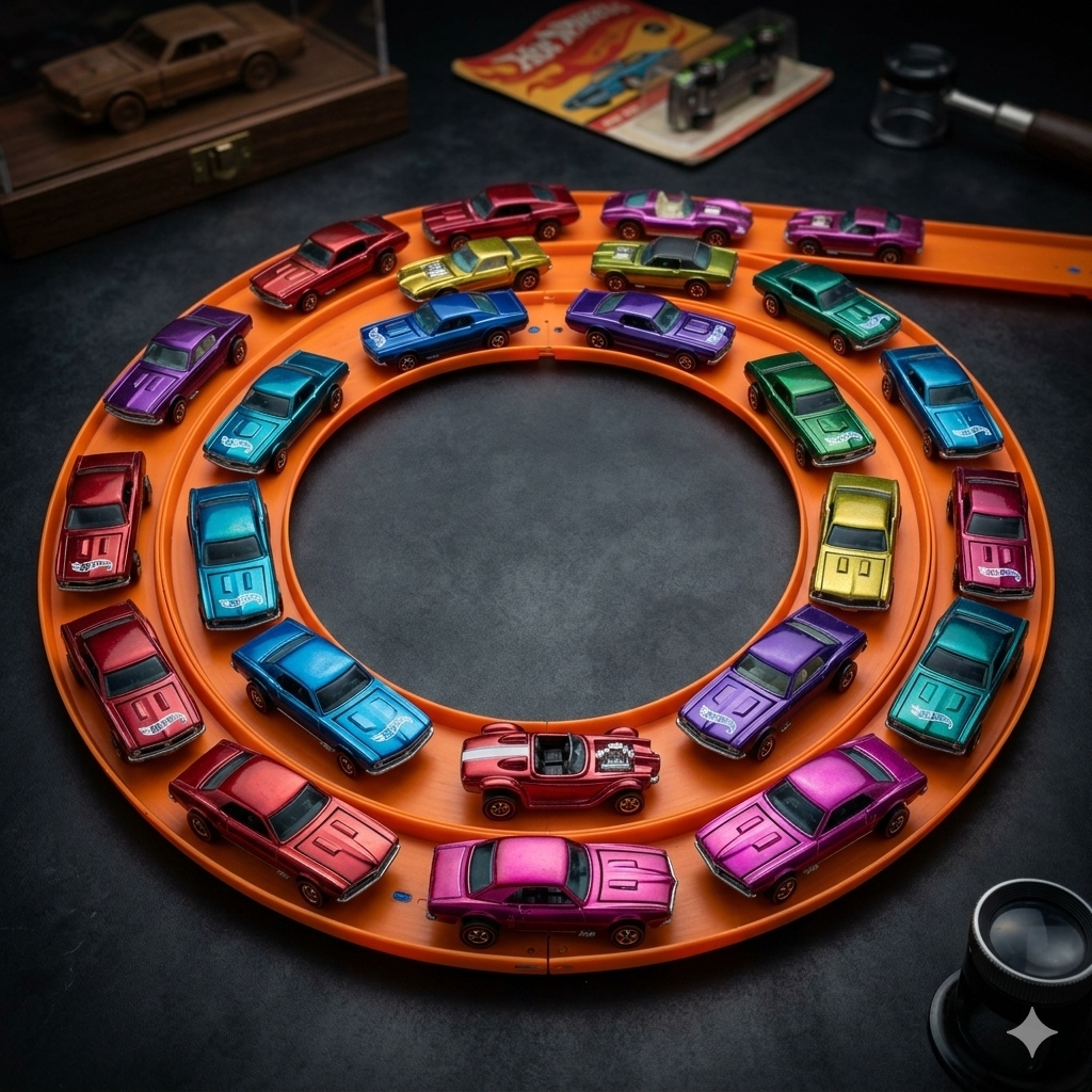 Classic Redline era Hot Wheels collection on orange track representing die-cast collecting history
