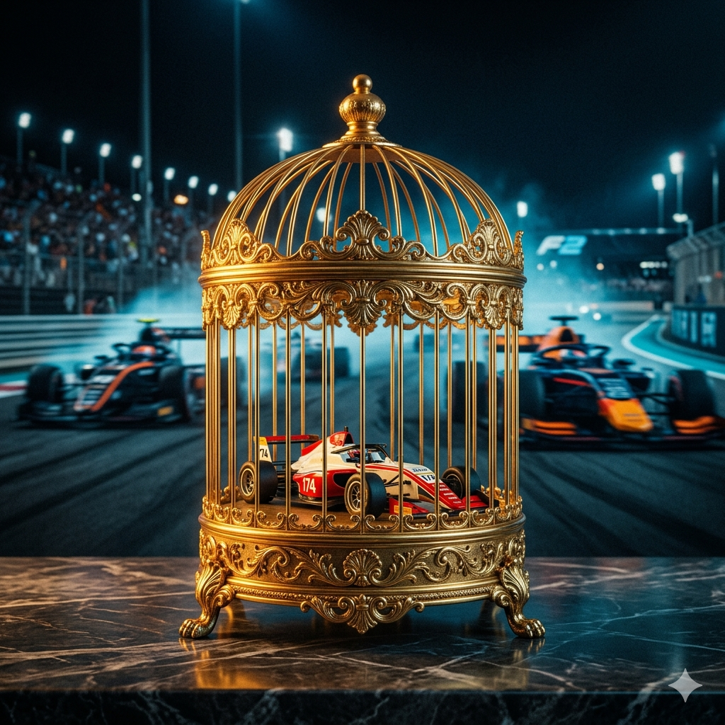  Golden cage shaped like an F4 single-seater, symbolising F1 Academy as segregation in women's motorsport