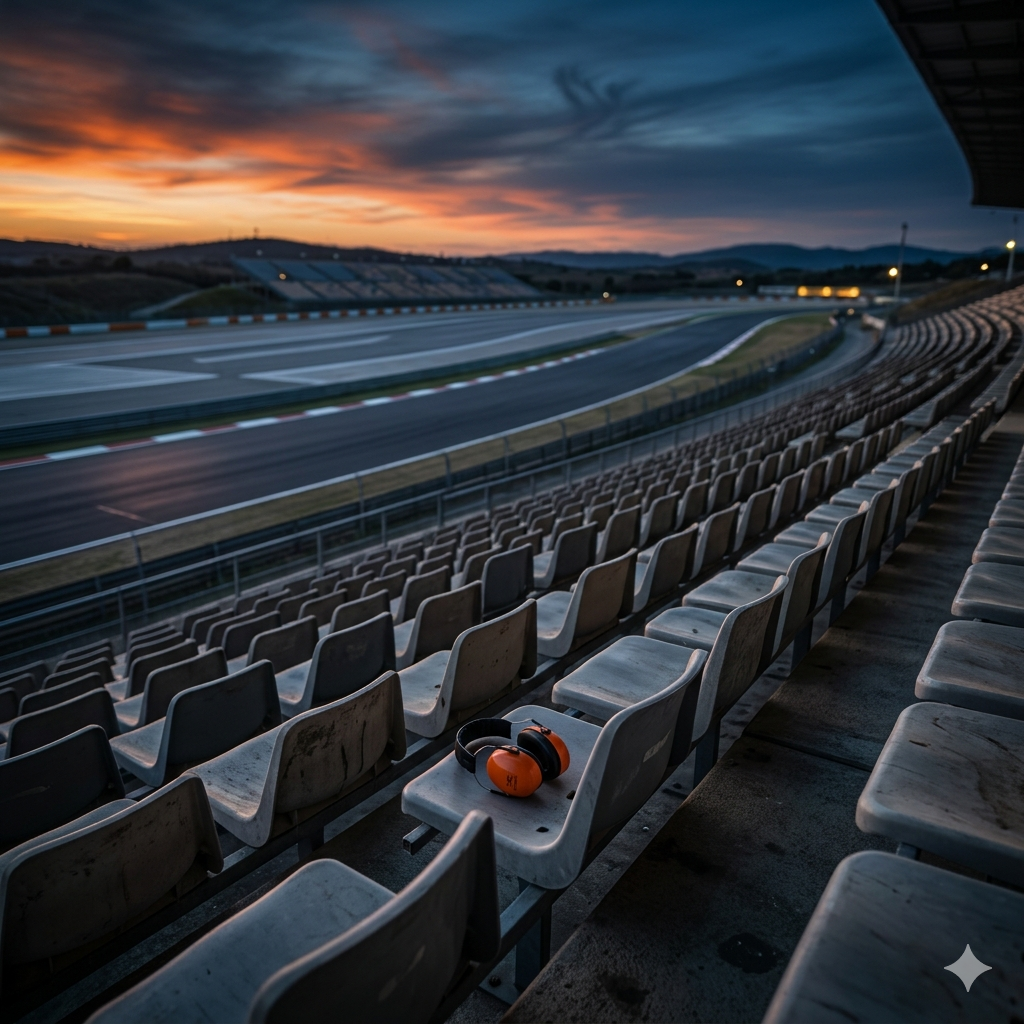 Abandoned ear protectors on empty F1 grandstand with tarmac runoff in background — conceptual image for MA-FIA IV on the stolen spectacle