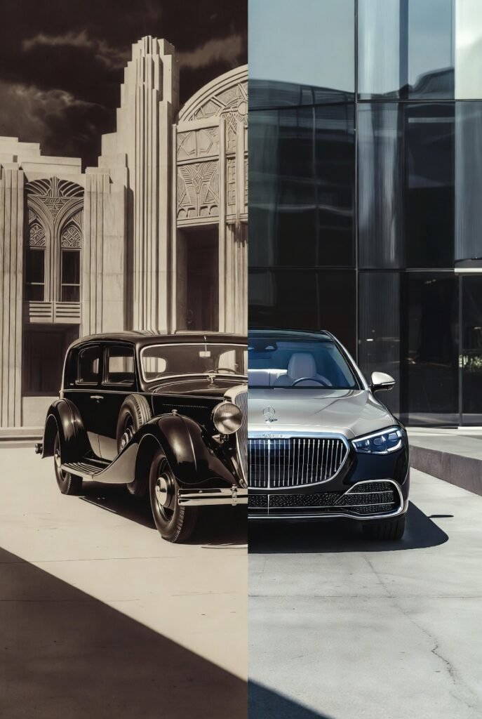 Classic Maybach Zeppelin DS8 in black and white next to a modern Mercedes-Maybach S-Class in two-tone paint