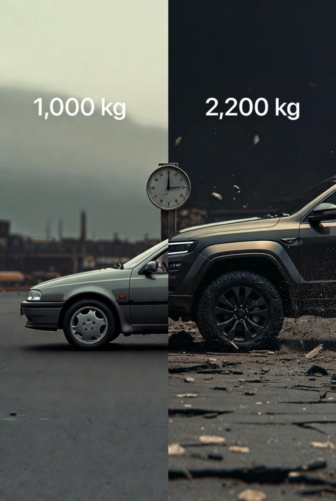 Industrial scale with a modern 2,200 kg SUV on one side and a classic 1990s economy car of 1,000 kg on the other, set against a background of cracked and deteriorated asphalt.