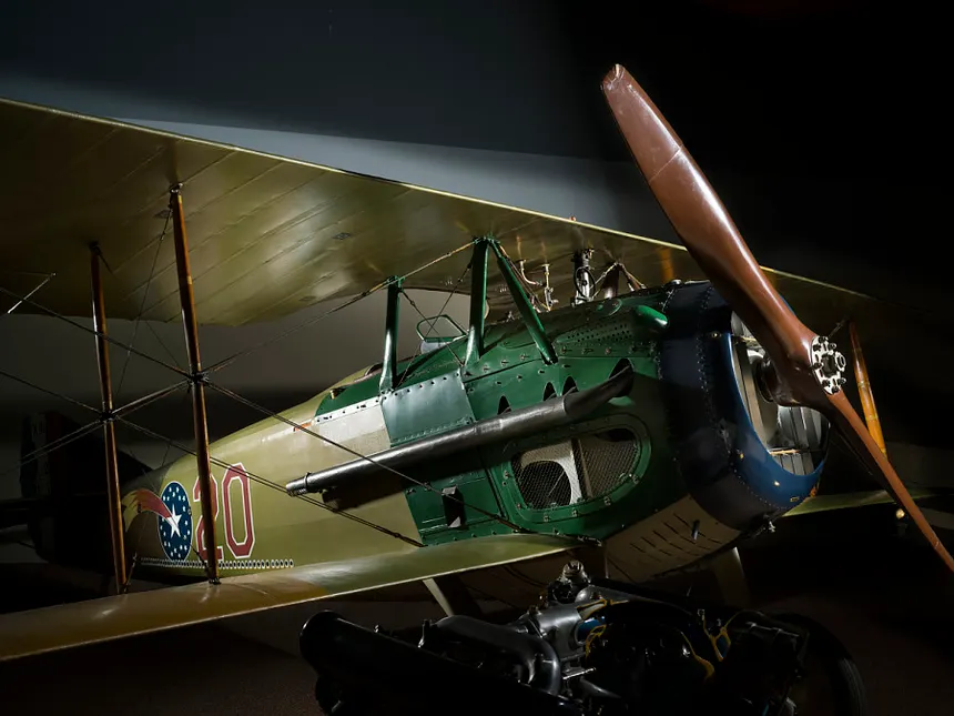SPAD XIII fighter with Hispano-Suiza V8 engine flying in World War I, showing the stork emblem of the French Fighter Squadrons