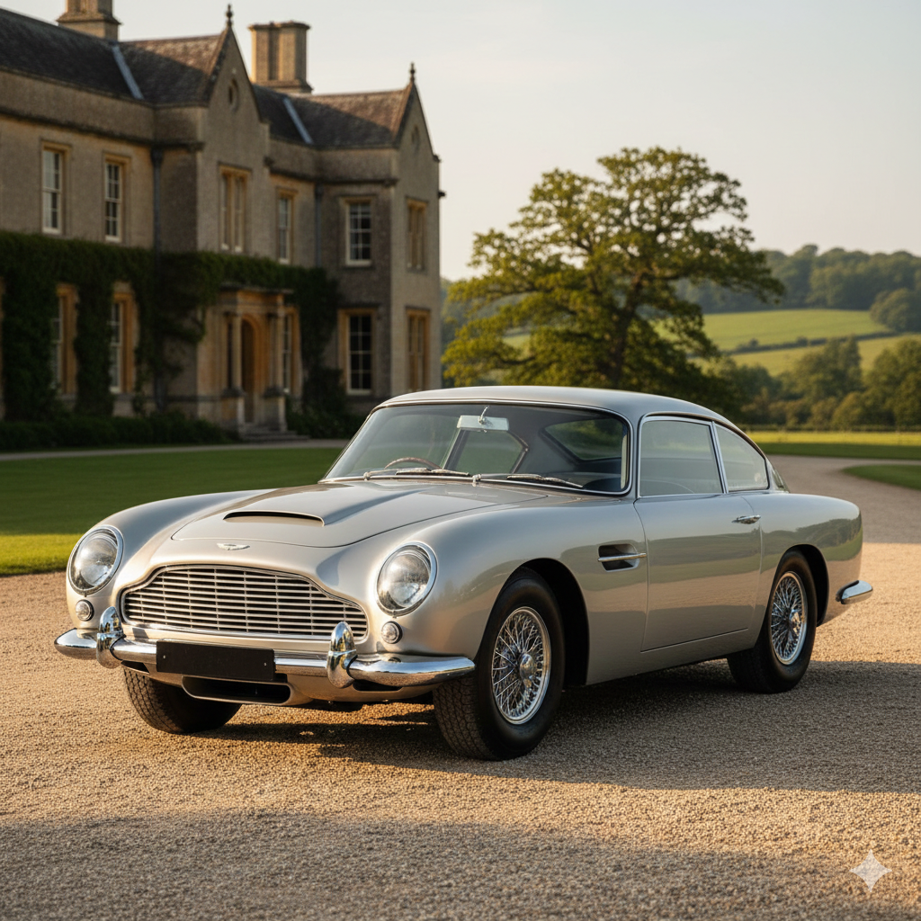 Aston Martin DB5 plateado clásico en tres cuartos delantero, parrilla característica y faros cubiertos, fotografiado frente a mansión inglesa
