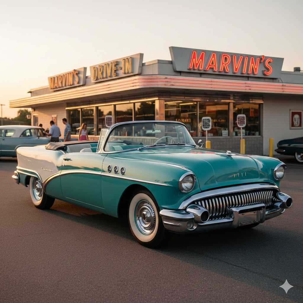 Buick Roadmaster 1957 convertible en turquesa y blanco, vista lateral mostrando aletas cromadas y portholos, fotografiado en drive-in americano retro