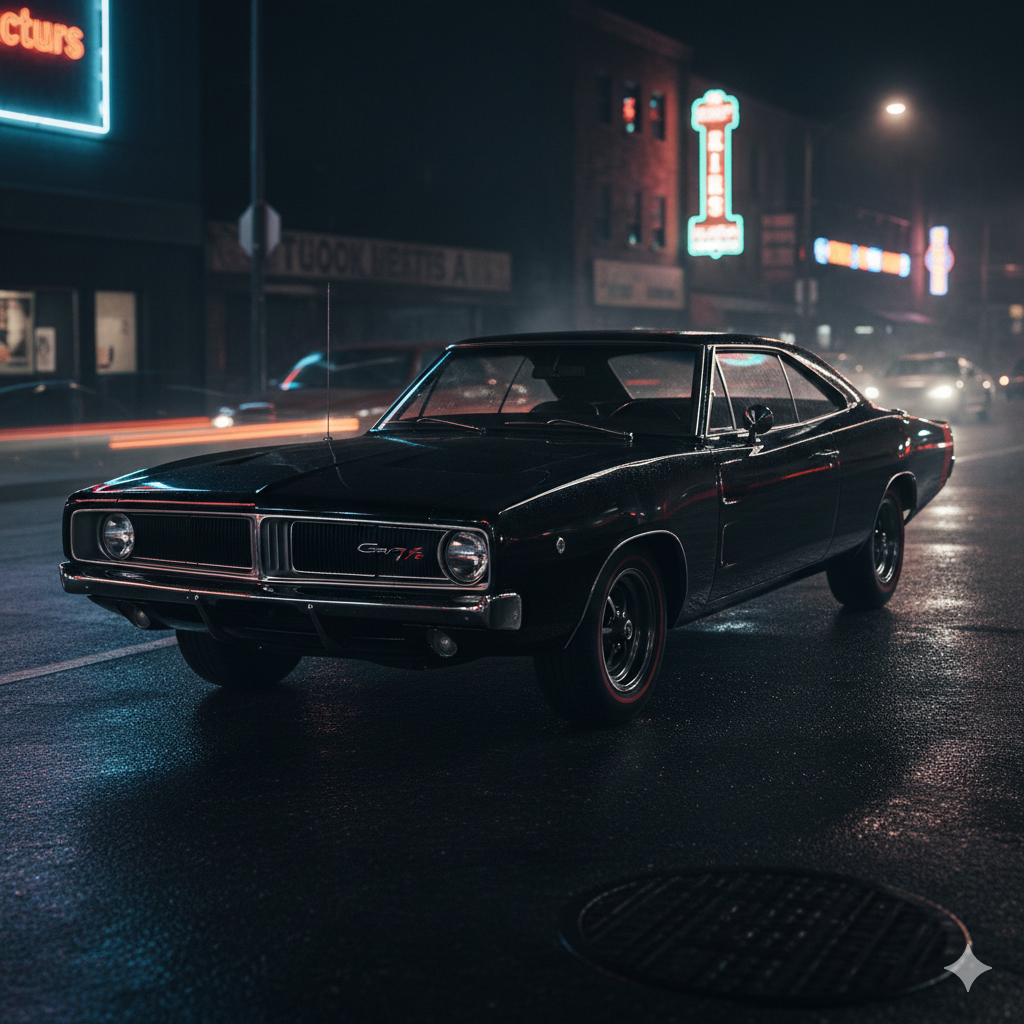 Dodge Charger R/T 1969 negro con parrilla oculta y stripe lateral, fotografiado en calle urbana de noche con iluminación cinematográfica