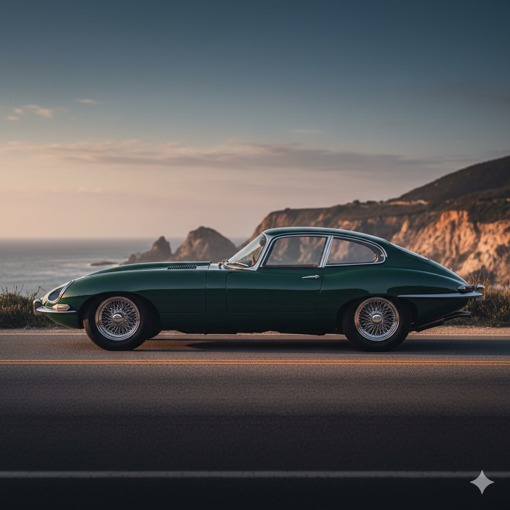  British Racing Green Jaguar E-Type Series 1 Fixed Head Coupé in profile on a coastal road at golden hour, showcasing the iconic long bonnet, sweeping roofline and chrome wire wheels designed by Malcolm Sayer.