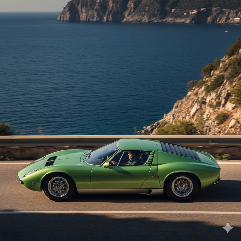 Lamborghini Miura P400 SV en color verde metalizado Miura Green, vista lateral mostrando líneas de Gandini, fotografiado en carretera costera italiana