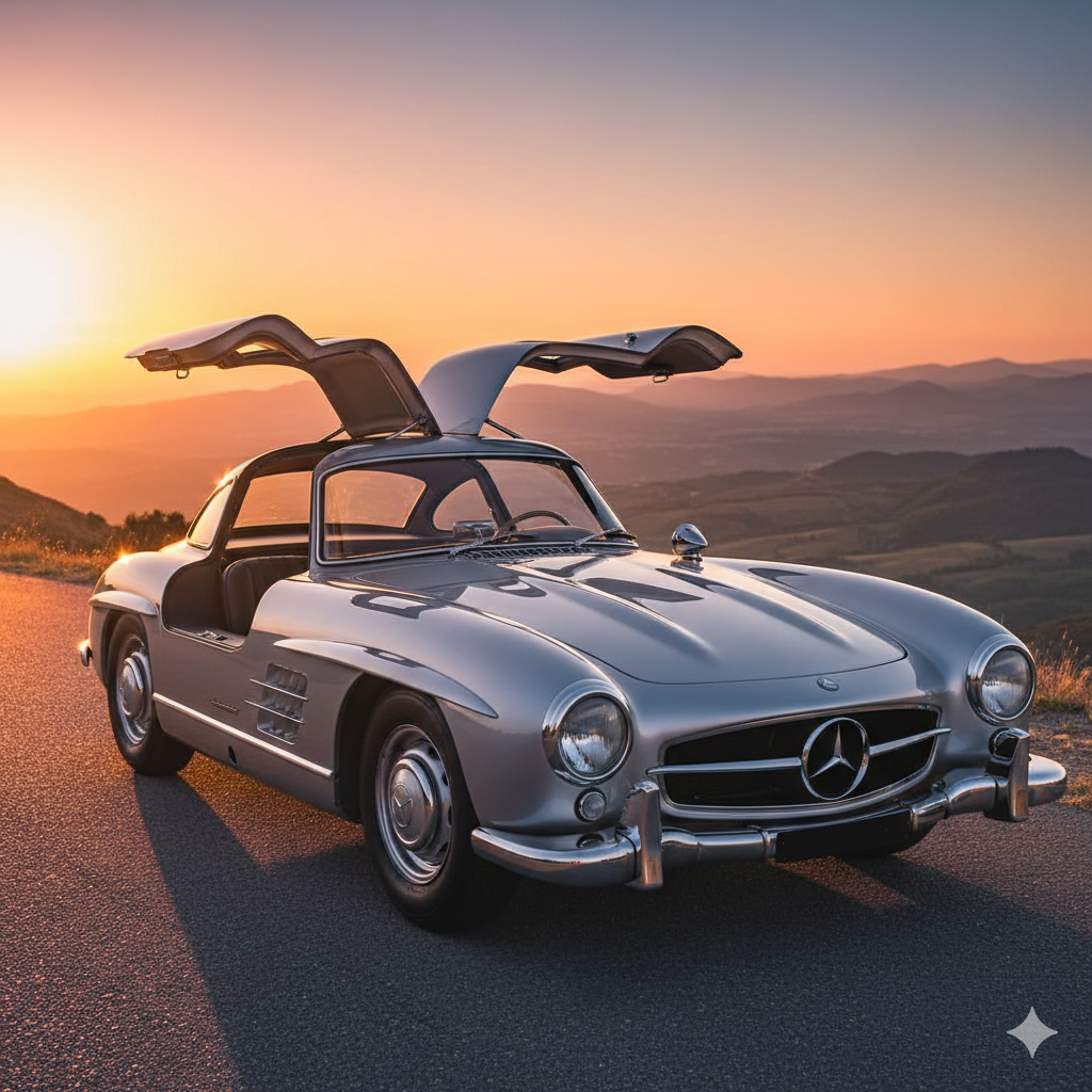 Mercedes-Benz 300 SL Gullwing plateado con ambas puertas de ala de gaviota abiertas al atardecer en aeródromo vintage