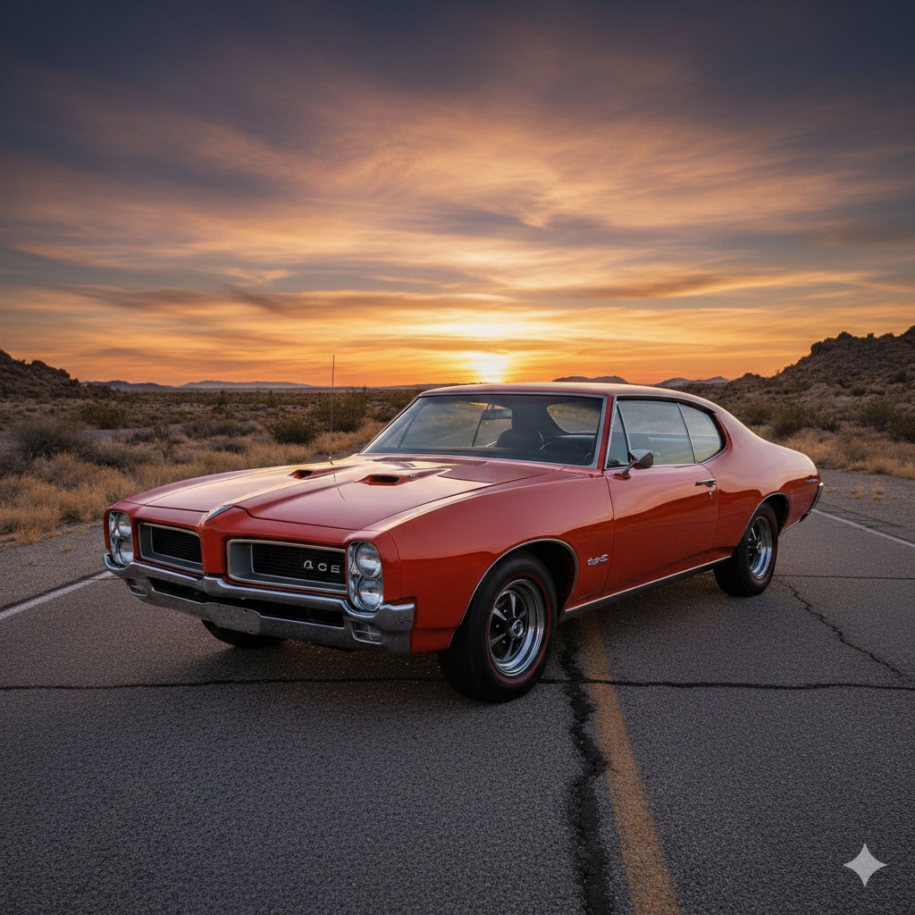 Pontiac GTO 1969 Judge en color naranja Carousel Red con spoiler trasero y llantas Rally II, fotografiado en carretera desértica americana