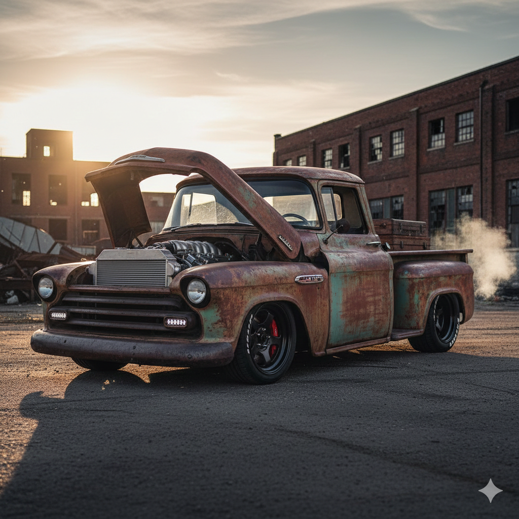 A rusted 1950s Chevrolet pickup truck with a modern LS engine swap and racing suspension, parked in a gritty industrial area.