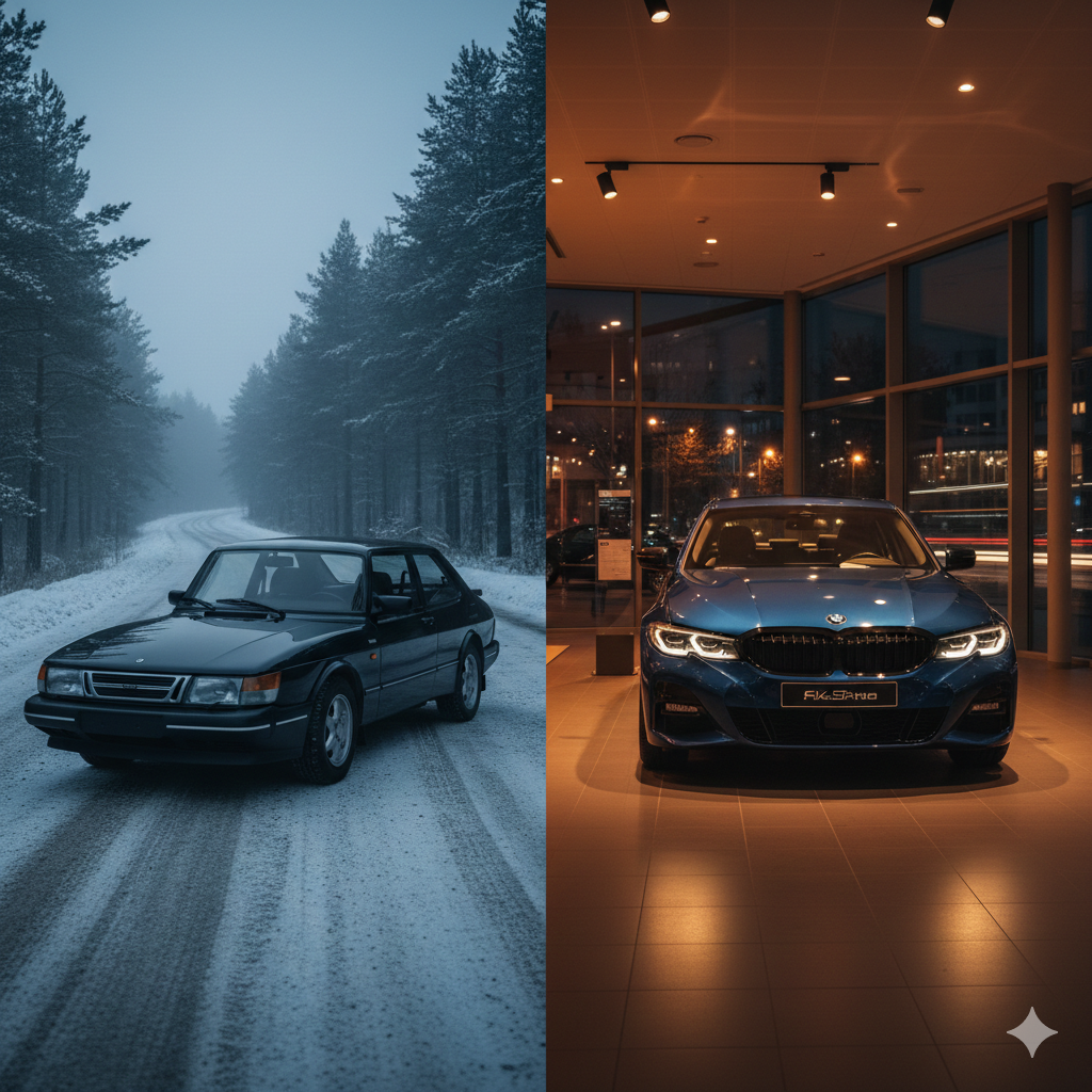 Classic Volvo and SAAB together on a snowy Nordic landscape — Scandinavian design philosophy in its natural context