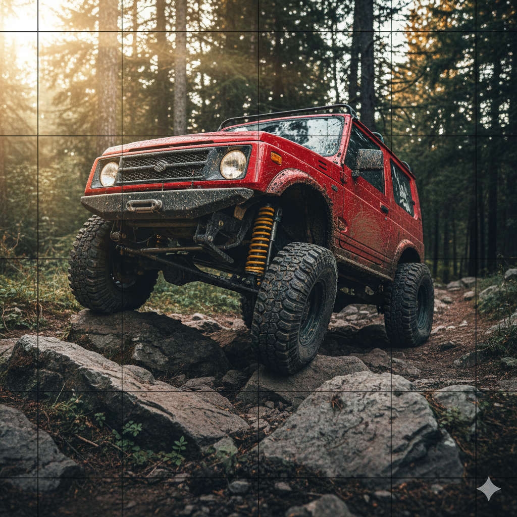 Red built Suzuki Samurai conquering a technical rock section in off-road terrain