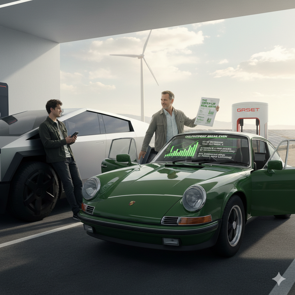 A well-maintained classic car next to a modern EV charging station, symbolizing the debate between longevity and new technology.