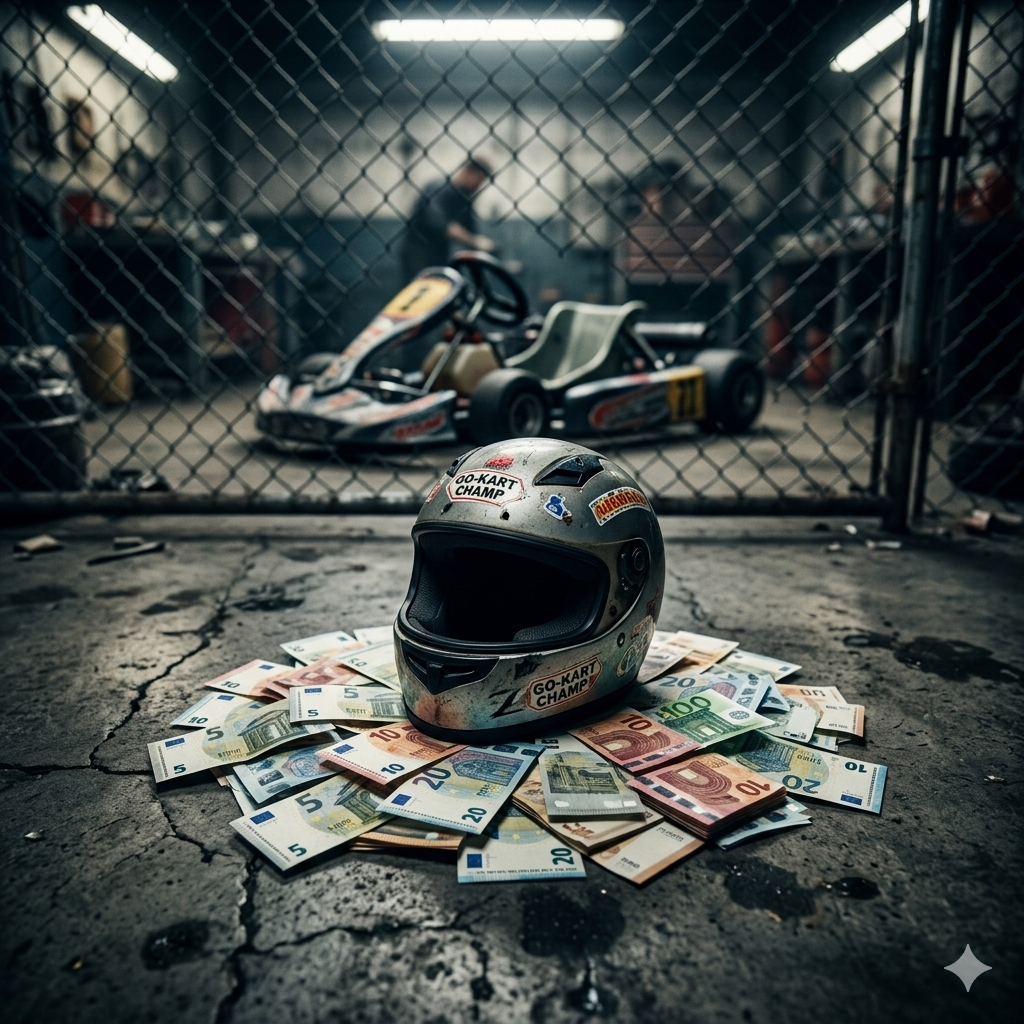 Child's karting helmet on a pile of euro banknotes on a workshop floor — conceptual image for MA-FIA III on the price of racing in motorsport