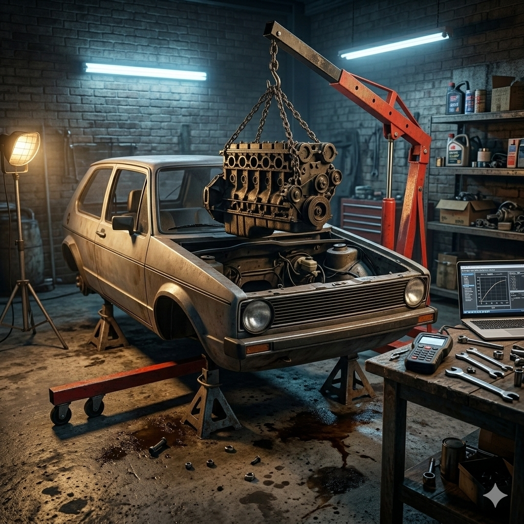 Garaje industrial con motor de coche suspendido de una grúa sobre un chasis clásico, herramientas de trabajo visibles, iluminación dramática lateral, atmósfera de taller real — sección Builds & Swaps de Not Enough Cylinders