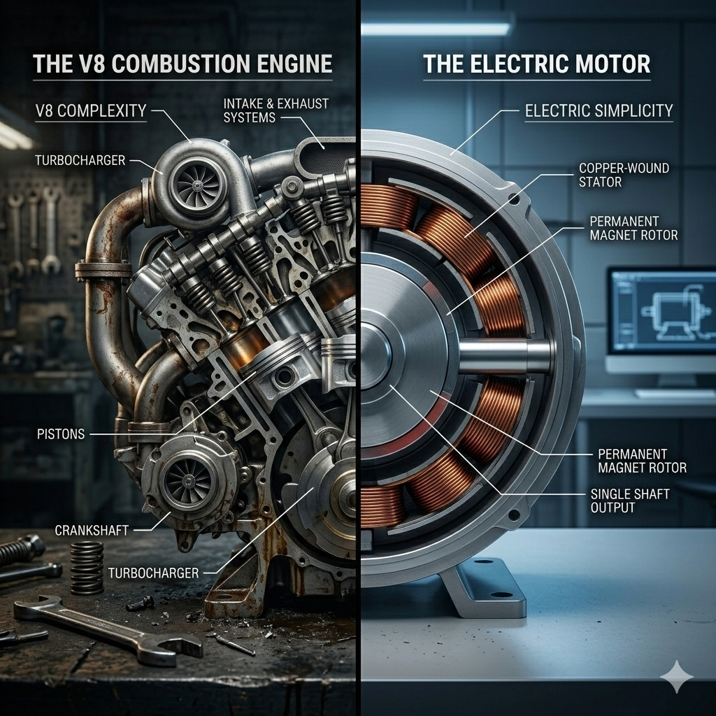 omparación visual entre un motor V8 complejo con cientos de piezas y un motor eléctrico minimalista con solo un rotor, simbolizando la diferencia de ingeniería entre ICE y EV