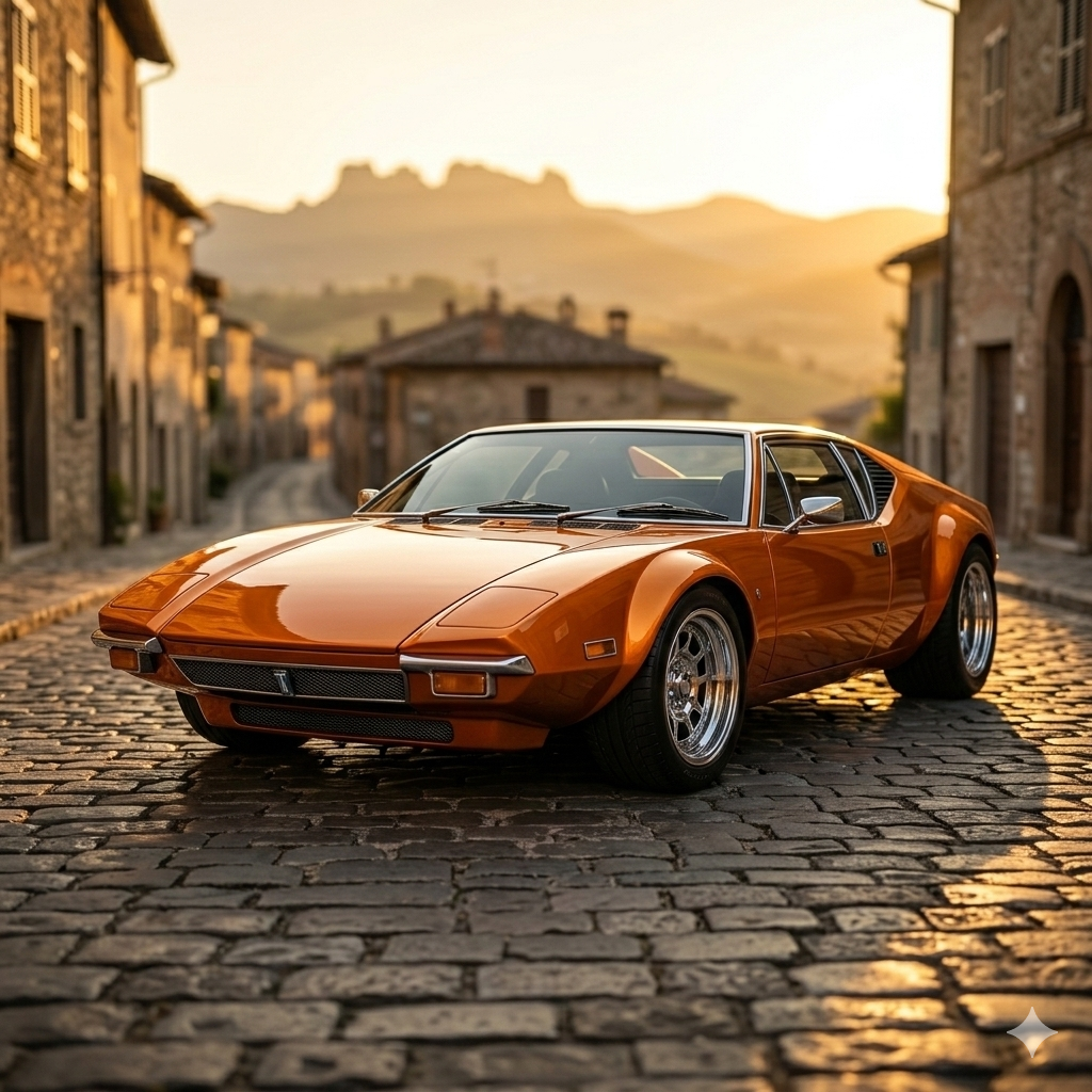 Orange De Tomaso Pantera on Italian cobblestone street at sunset, three-quarter front view showing Tom Tjaarda's iconic wedge design lines