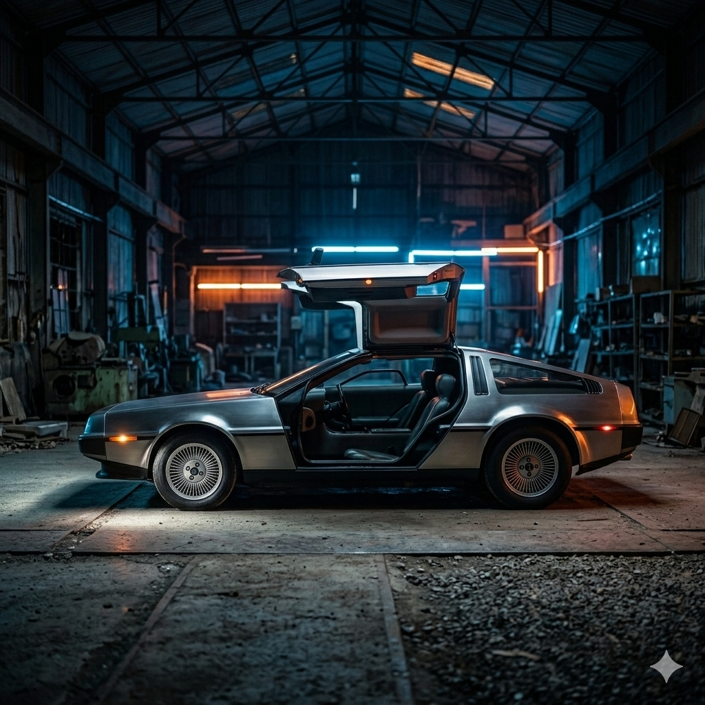 DeLorean DMC-12 con las icónicas puertas de gaviota abiertas en hangar industrial, mostrando la carrocería de acero inoxidable diseñada por Giorgetto Giugiaro