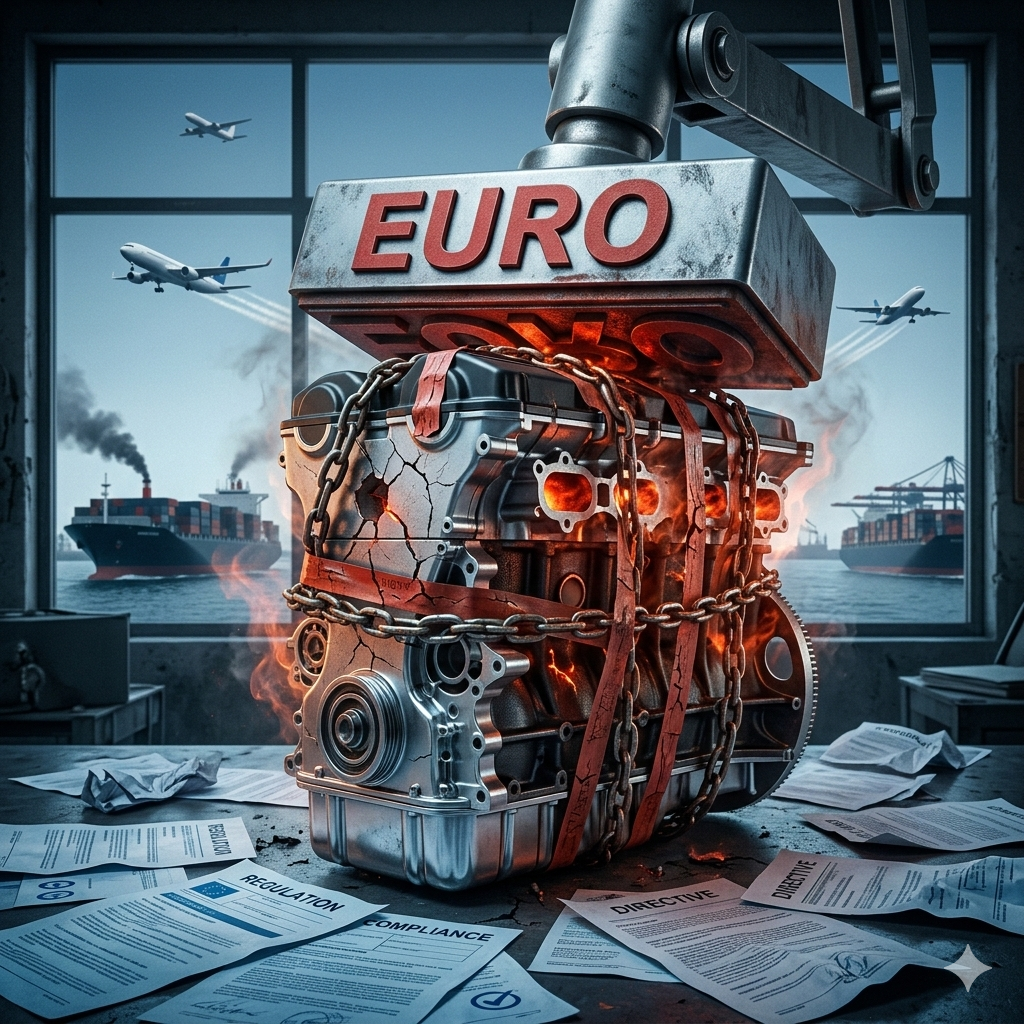 Motor atmosférico de seis cilindros encadenado y amordazado por normativas, simbolizando la muerte del downsizing — Not Enough Cylinders