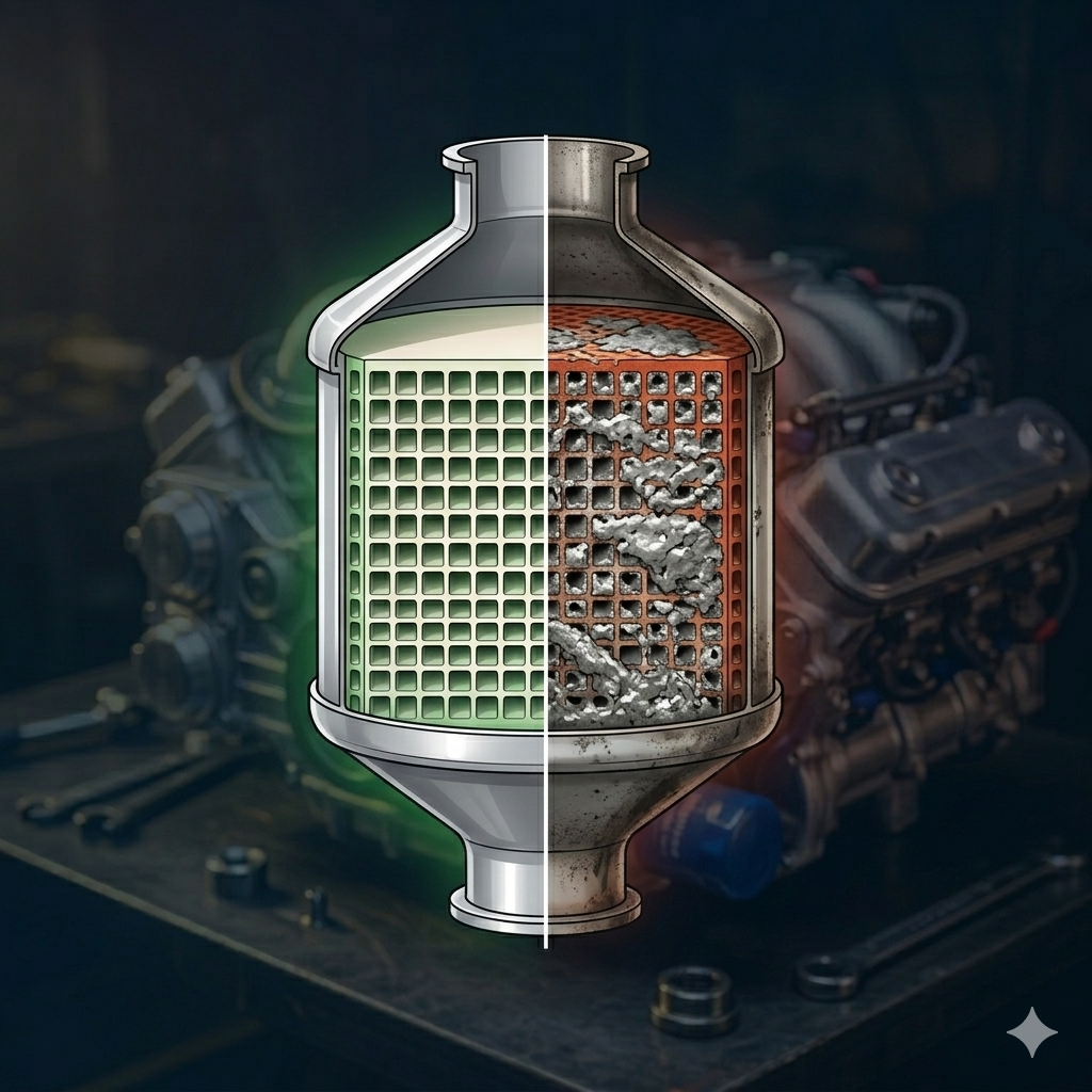 Cross-section of a DPF particulate filter showing ash buildup from incorrect oil