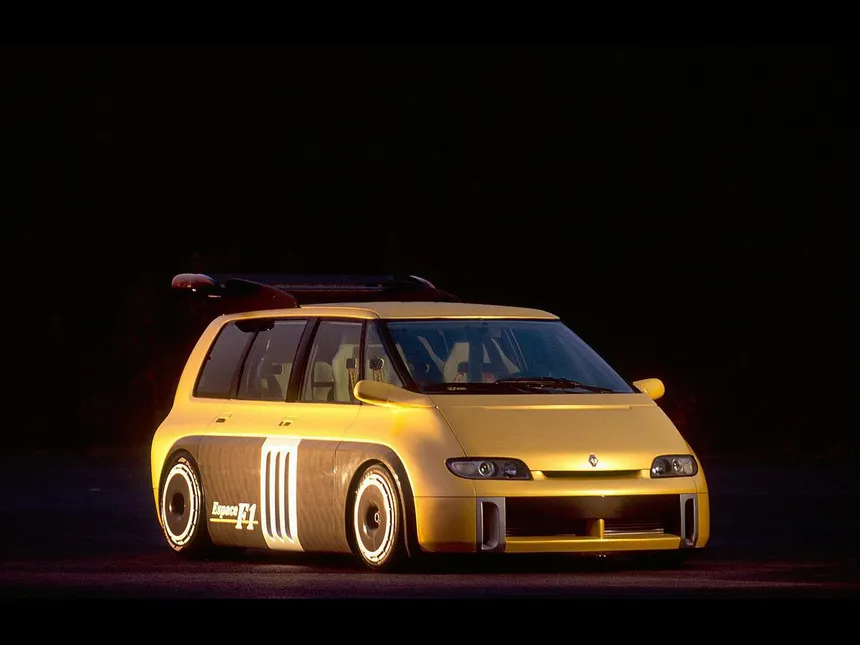 1994 Renault Espace F1 concept car with carbon fiber minivan body and Formula 1 V10 engine on circuit
