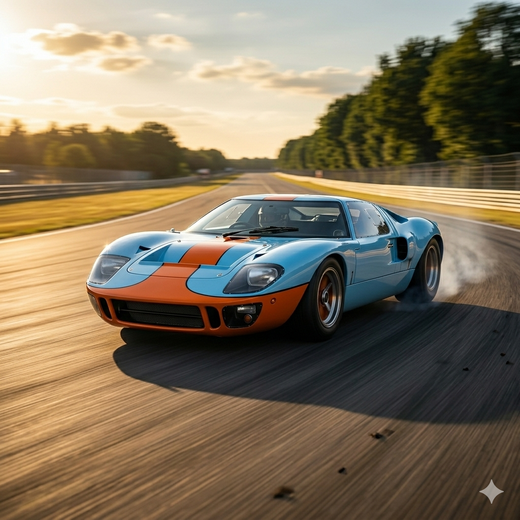 Ford GT40 Mk II en la recta de Mulsanne en Le Mans 1966 con el icónico Gulf Racing livery azul y naranja